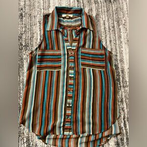 Lush XS semi sheer sleeveless striped blouse brown red blue